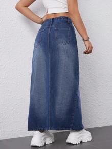 Flexra 水洗貓鬚分裂牛仔裙 - 藍色 - 查看 3