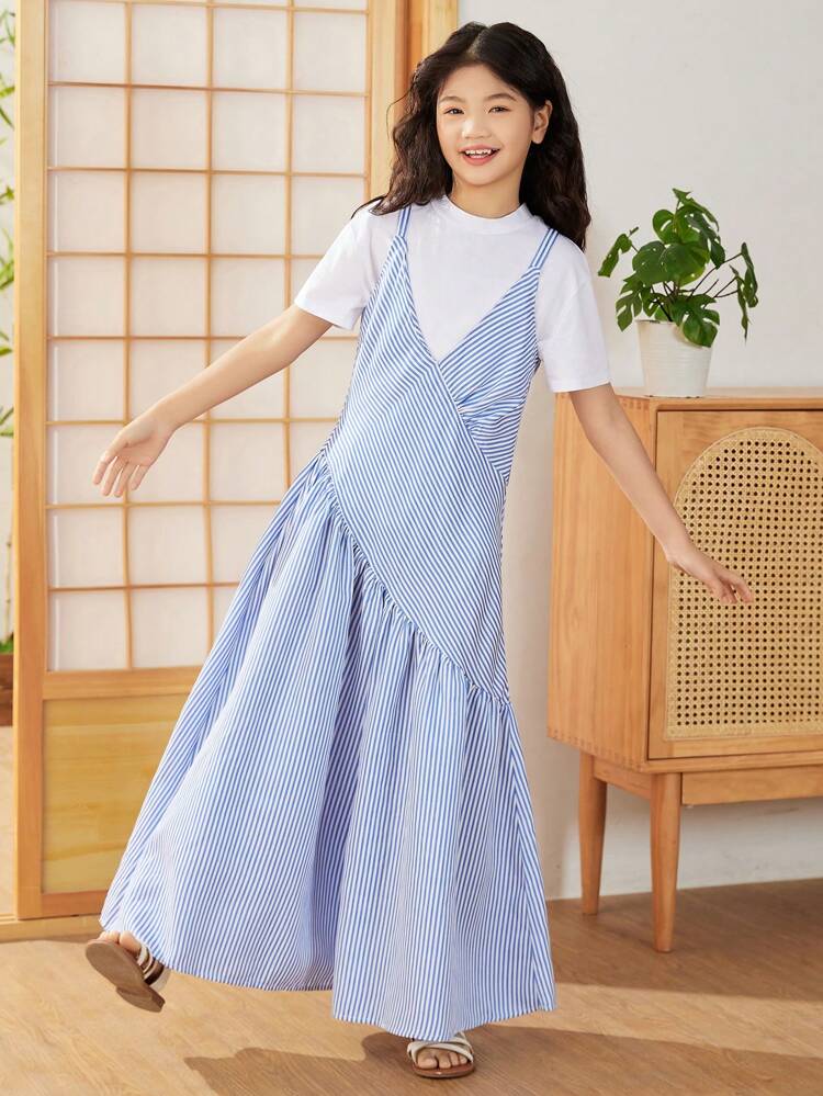 Tween Girls' Loose Casual Striped Suspenders Cross Design Jumpsuit