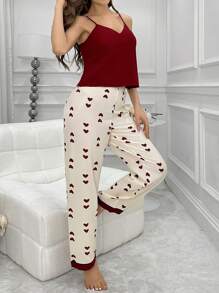 DUSKBASE Color Block Heart Print V-Neck Cami & Pants Pajama Set - Red and White - View 5