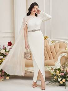 Modelyn Women's Patchwork Wrap Belted High Slit Dress - Apricot - View 1