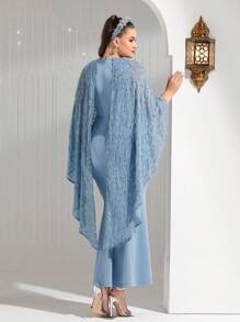 Modelyn Kích thước lớn Cổ chữ V Cape Phong cách Đuôi cá Đầm Không có Eo Thắt lưng - Màu xanh bụi bặm - Xem 2