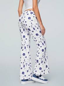 SHEIN Qutie Ditsy Floral Flared Pants - White - View 5