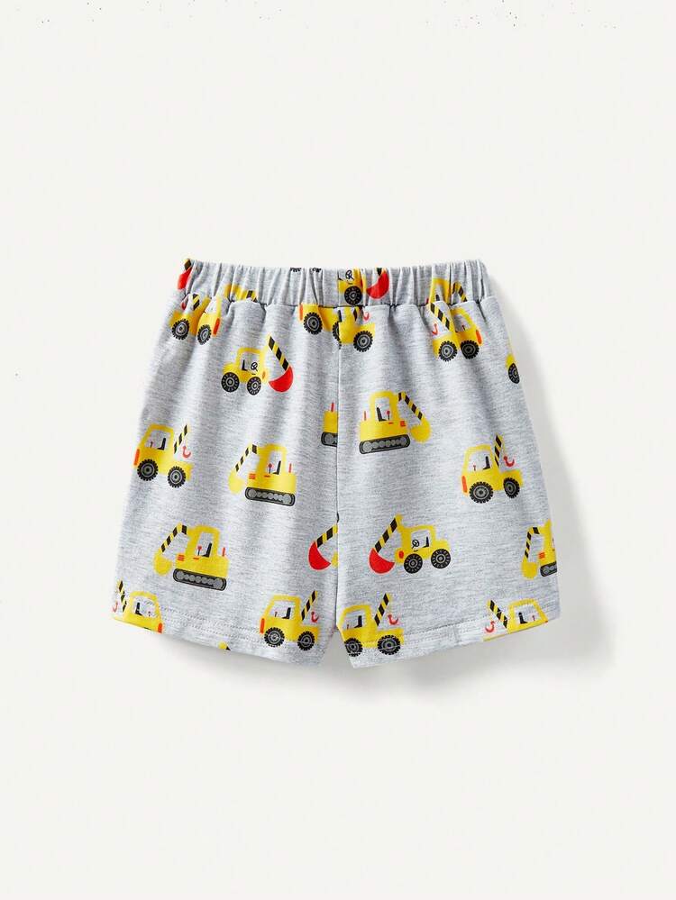 Baby Boys' Cartoon Car Print Round Neck Short Sleeve T-Shirt And Casual Shorts 2pcs Outfit Matching Set