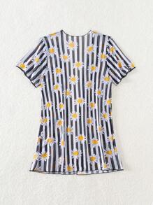 Young Girls' Striped Kimono With Daisy Print And Open Front - Black and White - View 2