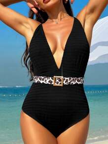 SHEIN Swim Đồ bơi liền thân họa tiết da báo cho nữ có thiết kế hở lưng và thắt eo mùa hè - màu đen - Xem 4