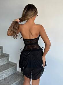 SHEIN ICON 鑲嵌蕾絲透視網紗連衣裙 - 黑色 - 查看 3