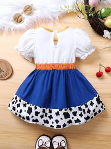 Elegante en zoete pofmouwen kleurblok sterren bedrukt patchwork koe bedrukte prinsessenjurk voor babymeisjes, perfect voor zomerfeesten, vakanties en vrijetijdskleding