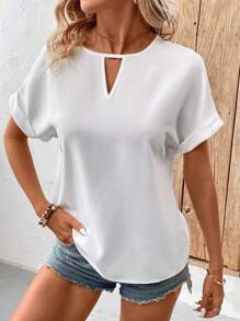 SHEIN LUNE 女士短袖白色v領襯衫/上衣,適合工作、春夏季節穿著 - 白色 - 查看 3