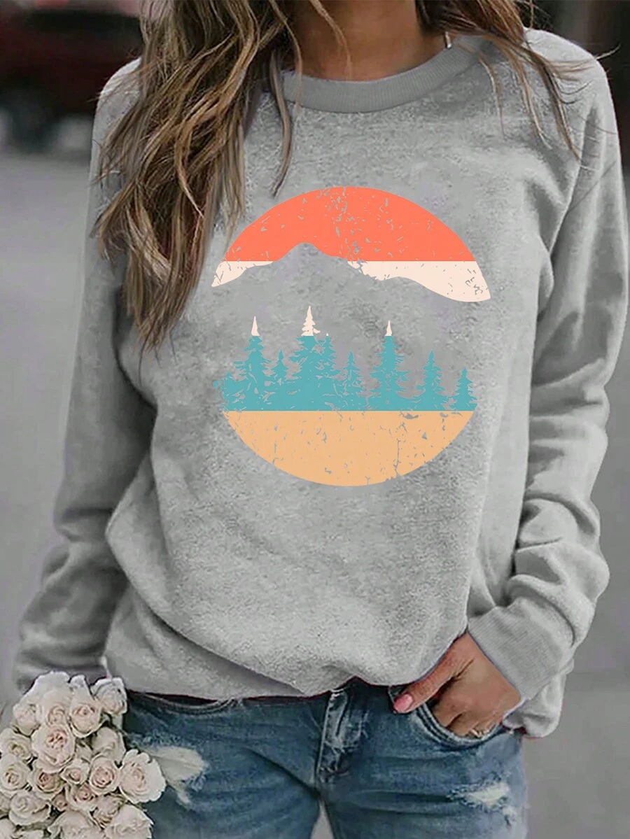 Quý cô Giải trí & Tối giản Vòng cổ Áo nỉ Với Sành điệu In mặt trời mọc - Màu Xám nhạt - Xem 1