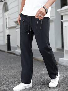 Manfinity Homme 男裝直筒褲,多拉鍊設計 - 黑色 - 查看 4