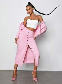 CocoBby 设计师女士短款粉色牛仔牛仔夹克，秋季，适合秋冬季，100% 纯棉，假期，度假，外出，节日 - 粉色 - 查看 5