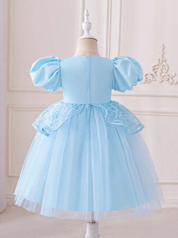 Baby Girl Embroidered Tulle Short Puff Sleeve Party Dress. Ideal For Birthday Parties, Evening Parties, Performances, Weddings, Baptisms, And First Birthday.
