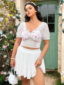 Dreamara Plus Size Women's Lace Panel Floral Print Shirt