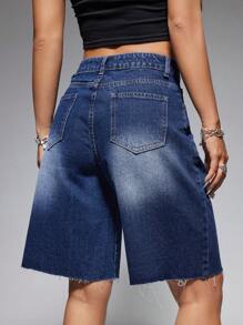 SHEIN EZwear Lỏng lẻo phù hợp Quần short Denim Với Mèo Whisker Rửa Và Nghiêng Túi - Rửa trung bình - Xem 3