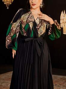 Modelyn 加大碼拼接印花燈籠袖褶皺擺配腰帶連衣裙 - 彩色 - 查看 3