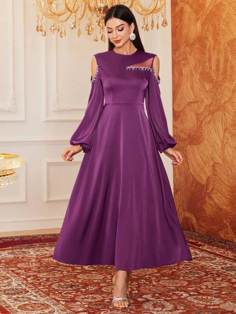 Women's Off-Shoulder Lantern Sleeve Arabian Style Dress With Rhinestone Decoration,Elegant Evening Party Dress Long Evening Dresses