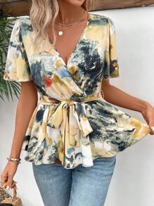 Breezaya 女士交叉領口鈴襬長袖腰帶上衣 - 杏色 - 查看 4