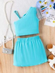 Little Girls' 3d Flower Embellished Asymmetrical Neck Blouse And Shorts Set - Baby Blue - View 2