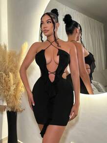 SHEIN SXY Summer Beach Crossing Cutout Deep V-Neck Sexy Slim Fit Backless Halter Dress - Black - View 4