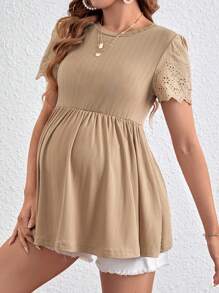 SHEIN Maternity Round Neck Hollow Out Embroidery Short Sleeve T-Shirt With Ruffle Hem - Khaki - View 4