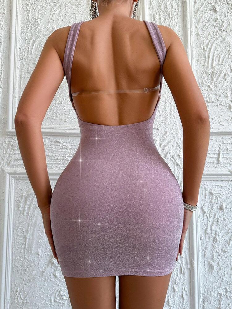 Backless Halter Fitted Dress With Silver Foil Print