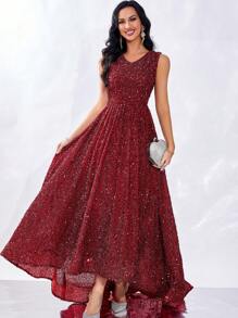 Schweres Damen V-ausschnitt Ärmelloses Glitzer Party Abendkleid