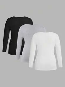 Calvaya Damen Thermounterwäsche Set in Große Größen, 3er Pack - Unterhemd & Oberbekleidung, Weiß, Schwarz & Hellgrau