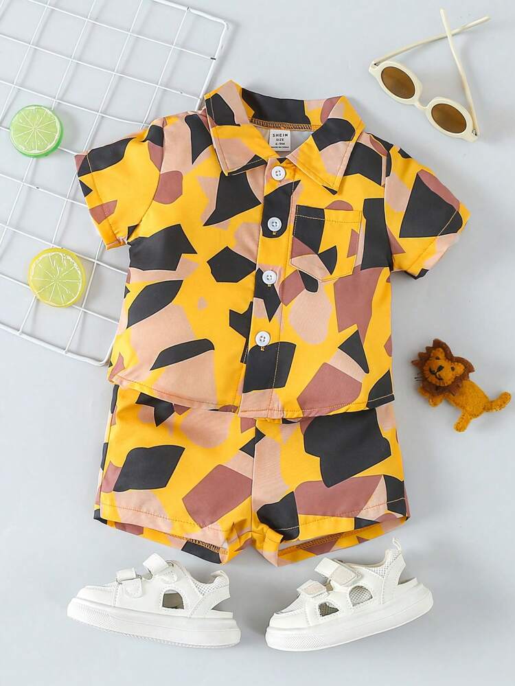 Baby Boy's Geometric Printed Short Sleeve Shirt And Shorts Set