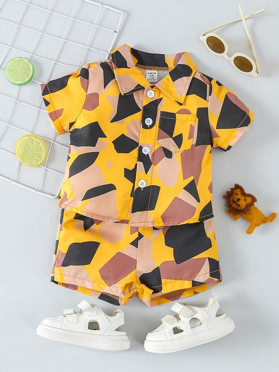 Conjunto De Camisa Y Pantalones Cortos De Manga Corta Con Estampado Geométrico Para Bebé Niño - Amarillo Mostaza - Ver 1