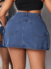 SHEIN SXY Kích thước lớn Denim Lỏng lẻo phù hợp Trang phục làm việc Váy mini Với Túi - Màu xanh lam - Xem 2