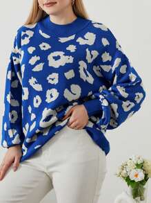 SHEIN Cottnline Plus Size Women's Leopard Print Drop Shoulder Sweater Pullover - Royal Blue - View 1