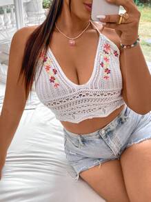 Flirla 大尺碼女裝波西米亞度假風格性感鑽石編織露背無袖背心 - 白色 - 查看 4
