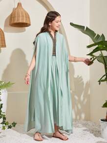 SHEIN Leap Crew Teen Girls' Woven Solid Color Spliced Tapestry Dress With Long Cardigan 2-Piece Set - Mint Green - View 3