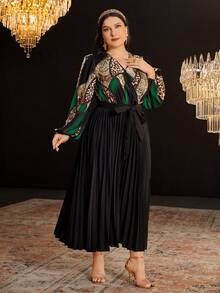 Modelyn 加大碼拼接印花燈籠袖褶皺擺配腰帶連衣裙 - 彩色 - 查看 7