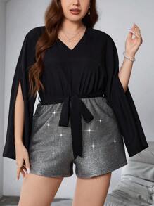 SHEIN Privé 大碼女性優雅的鑲有亮片的露背鉤花深v領連身褲,開叉設計和綁帶彰顯迷人身姿,適用於派對和街頭 - 彩色 - 查看 6