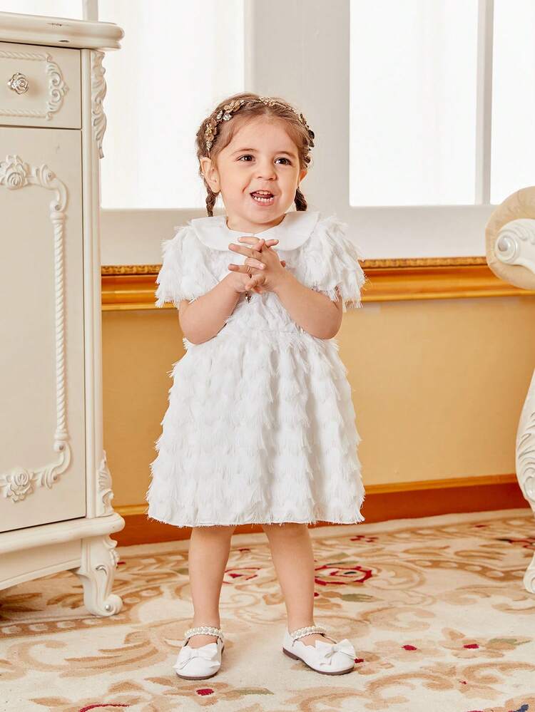 Baby Girl Spring/Summer White Peter Pan Collar Tassel Dress, Cute, Casual, Elegant