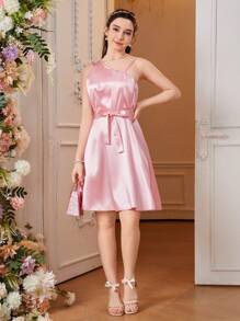Vestido de fiesta con volantes asimétricos en el hombro para niñas adolescentes - Rosa - Ver 4