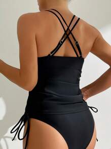SHEIN Swim Women Solid Color V-Neck Criss Cross Drawstring Swimwear Top And Bottom Tankini Set, For Summer Beach - Black - View 3