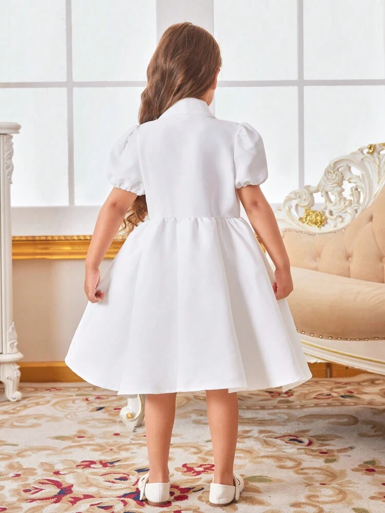 Young Girl's Elegant White Puff Sleeve Dress