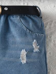 SHEIN Young Girls' Stylish & Vintage Puff Sleeve Ribbed Hem Tee And Elastic Waist Ripped Denim Shorts With Belt Set For Summer - Black - View 3