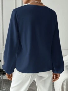 EURMUSE Women's Lace Patchwork Lantern Sleeve Shirt - Navy Blue - View 2