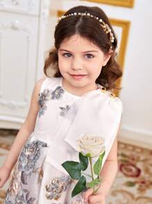 SHEIN Young Girl Leisure Round Neck Bow Decor & Bowknot Print Patchwork Dress - White - View 7