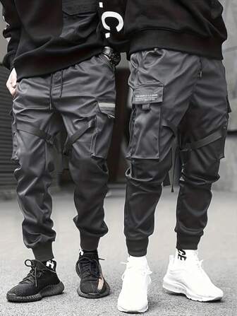 Men's Multi-Pocket Reflective Striped Decoration Cargo Pants, For Fall