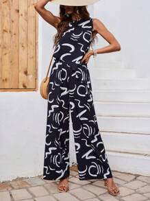 SHEIN LUNE 女用隨機印花不對稱下擺上衣寬褲套裝 - 黑色 - 查看 1