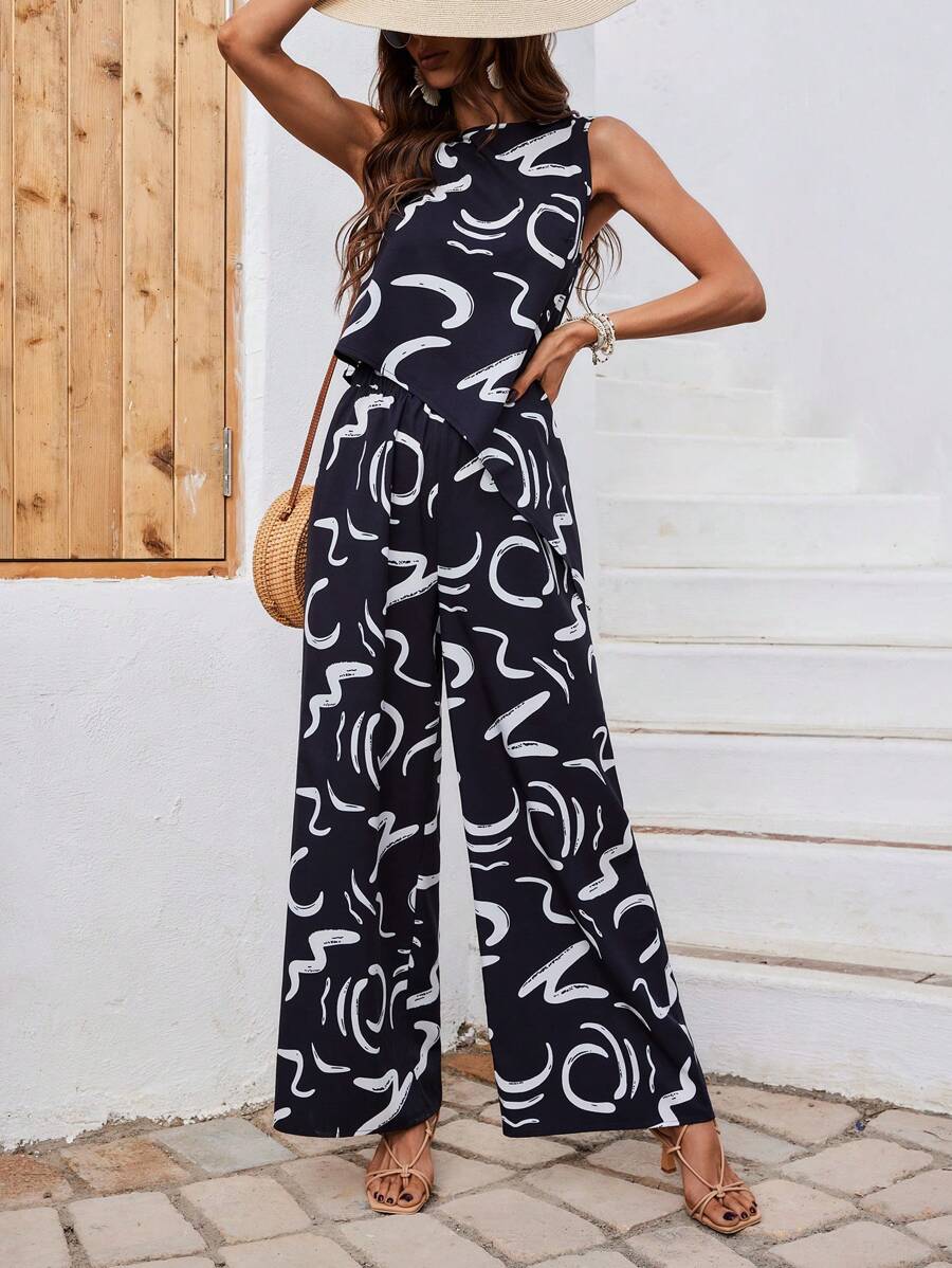 SHEIN LUNE 女用隨機印花不對稱下擺上衣寬褲套裝 - 黑色 - 查看 1