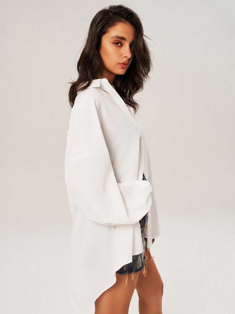 Solid Color Backless Vacation Women's Lantern Sleeve Casual Shirt