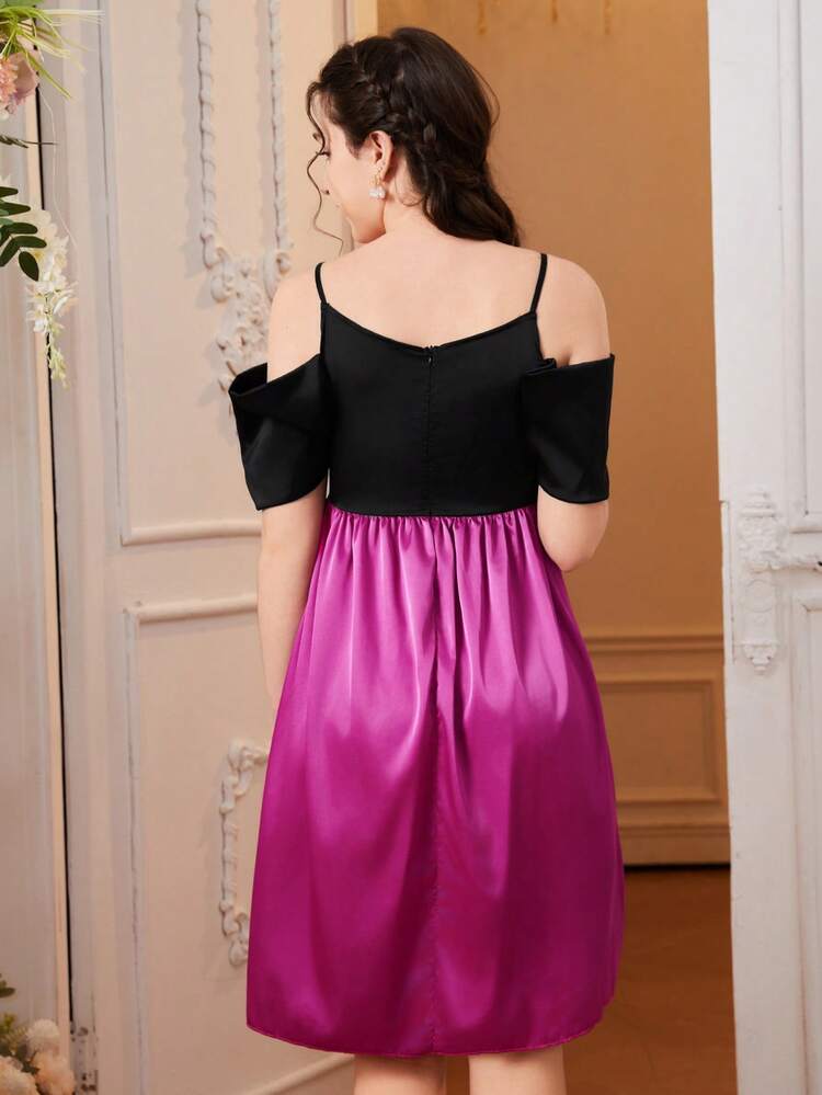 Teen Girl Contrast Off Shoulder Dress