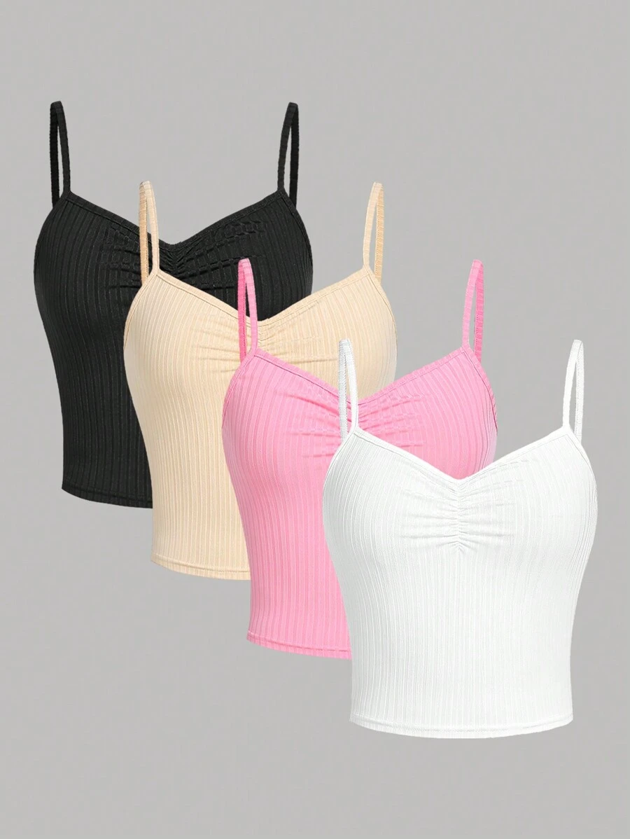 SHEIN Girlism 青少女針織實色肋骨織邊背心上衣四件套 - 彩色 - 查看 1