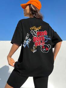 SHEIN EZwear Áo thun cổ tròn tay ngắn oversize thiết kế đơn giản, phù hợp cho mùa hè CẢM THẤY TUYỆT VỜI TÌM ĐƯỜNG Cuộc sống thật tuyệt vời TÔI TIẾP THEO MỘT NGÀY TỐT ĐẸP, Unisex - màu đen - Xem 4