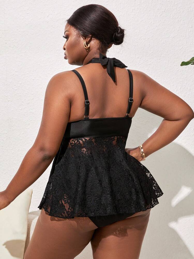 Plus Size Cross Design Embroidered Mesh Cami Top And Triangle Panties Dress Swimsuit Set Summer